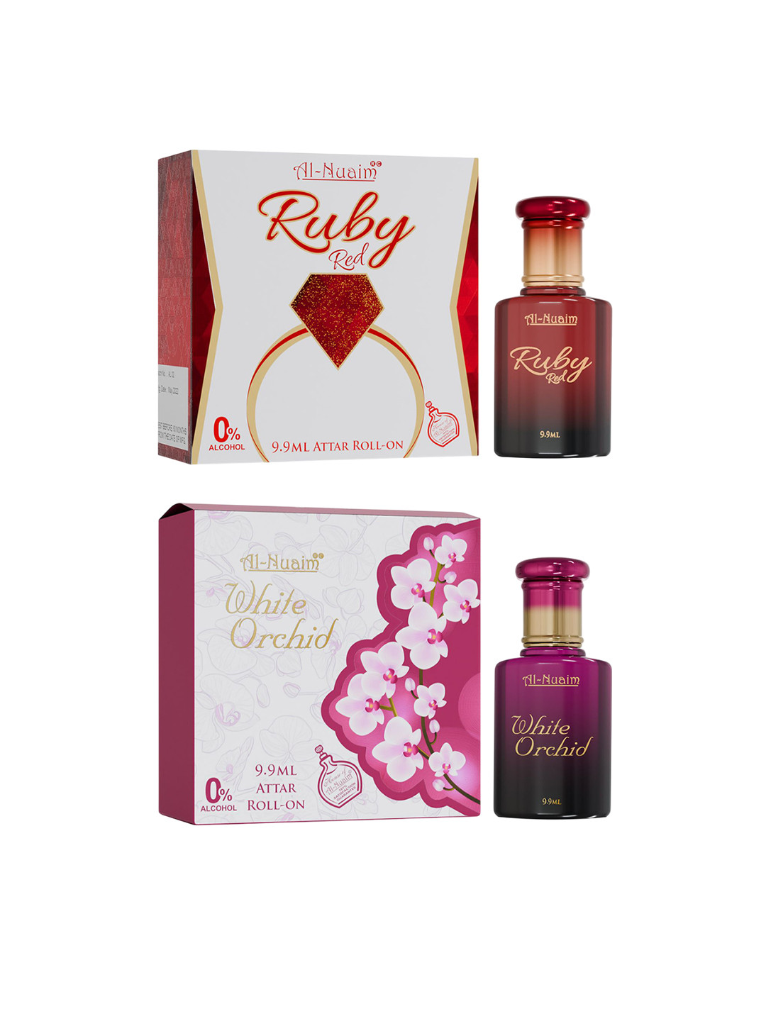 Al-Nuaim Set Of 2 Alcohol Free Roll On Attar 9.9ml Each - Ruby Red & White Orchid