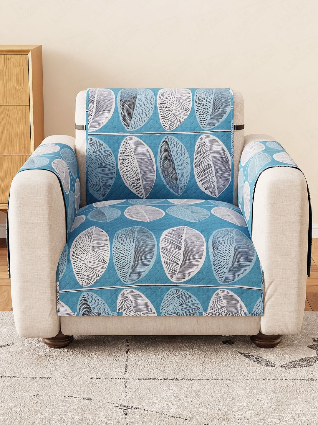 Lukzer Turquoise Blue Reversible Ocean Breeze Pattern Sofa Cover with Arms