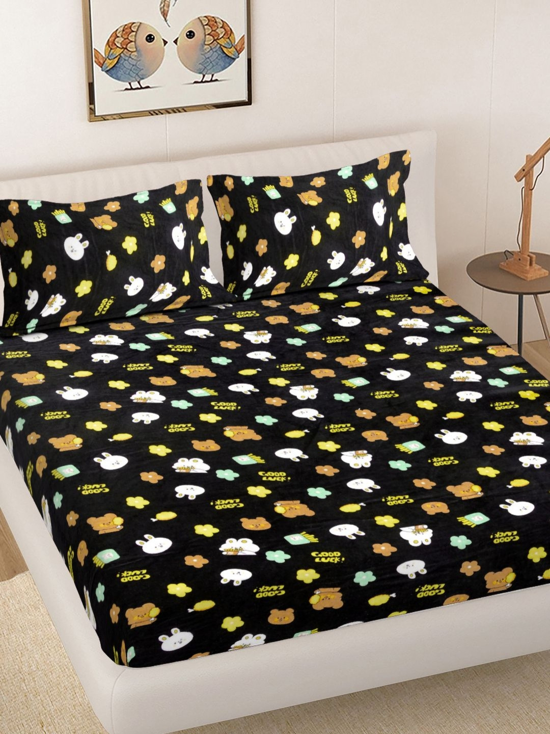 FABINALIV Kids Black Cartoon Characters Woolen 300 TC King Bedsheet With 2 Pillow Covers