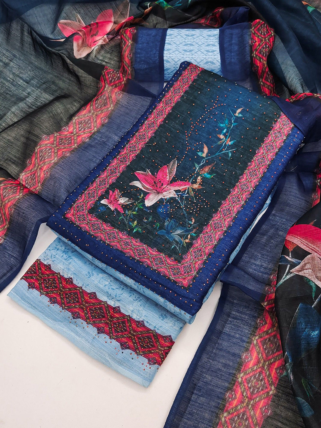 TAVAS Printed Stone Embellished Linen Unstitched Dress Material