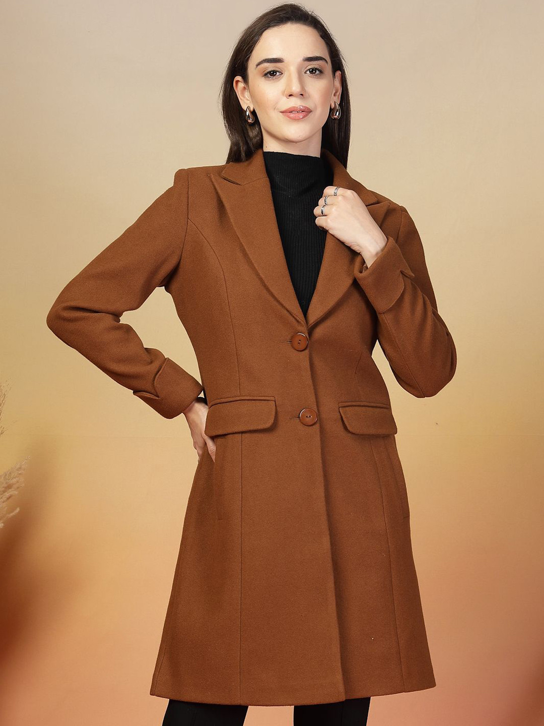 Thirty Threads Women Notched Lapel Collar Single-Breasted Long Winter Overcoat