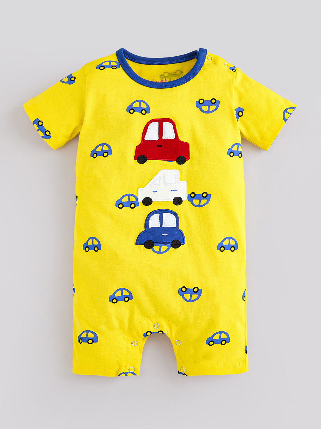 Hopscotch Kids Unisex Yellow Round Neck Car Embroidery Cotton Romper