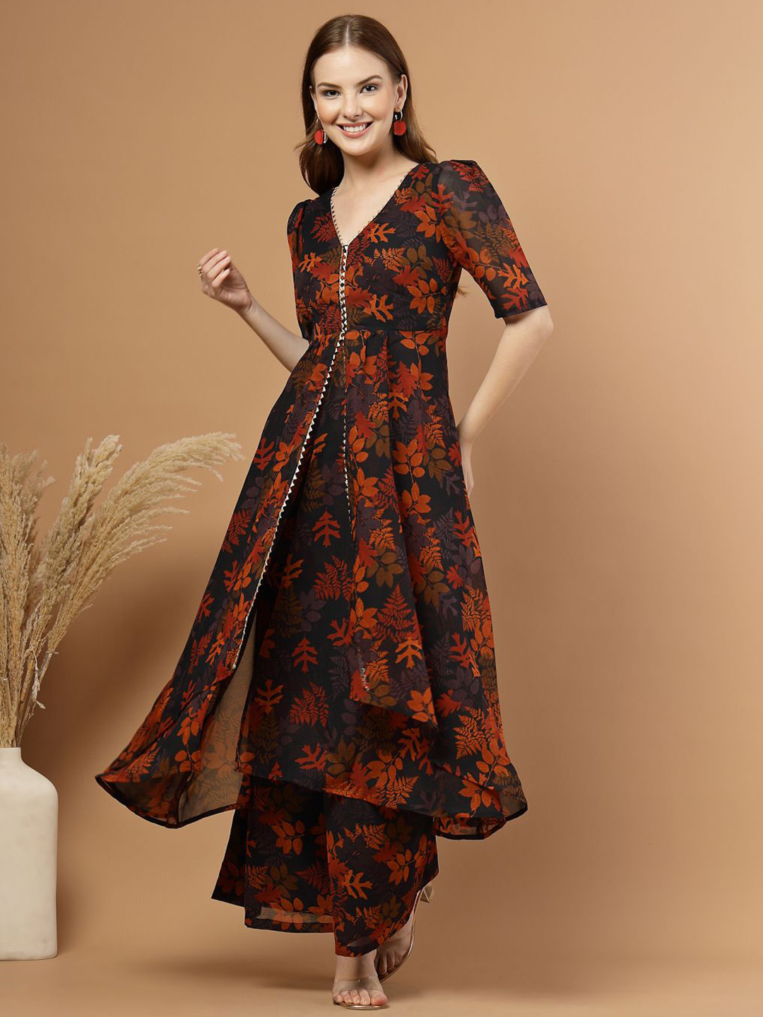 RAASSIO Women Floral Printed Gotta Patti Layered Anarkali Kurta with Palazzos