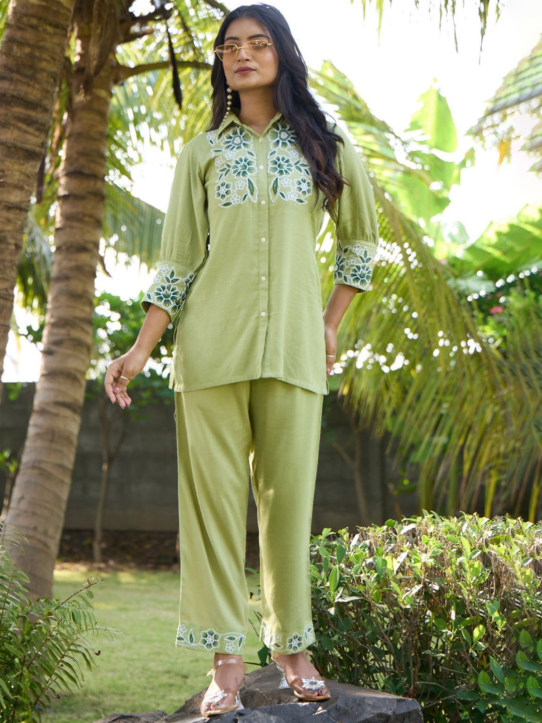 AUTUMN LANE Sharad Fern Embroidered Shirt Collar Pure Cotton Shirt With Trousers Co-Ords