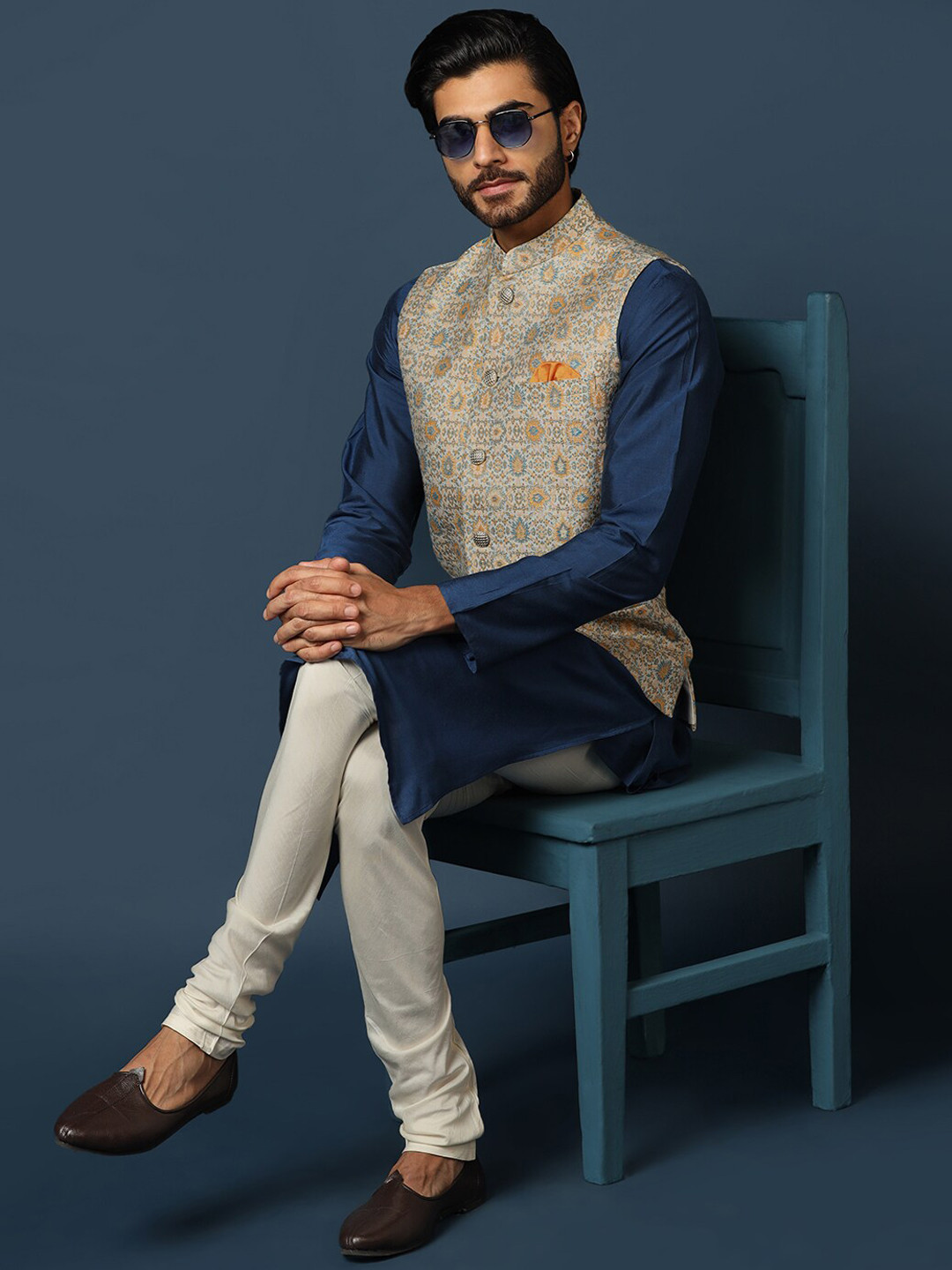 KISAH Mandarin CollarKurta with Churidar & Printed Nehru Jacket