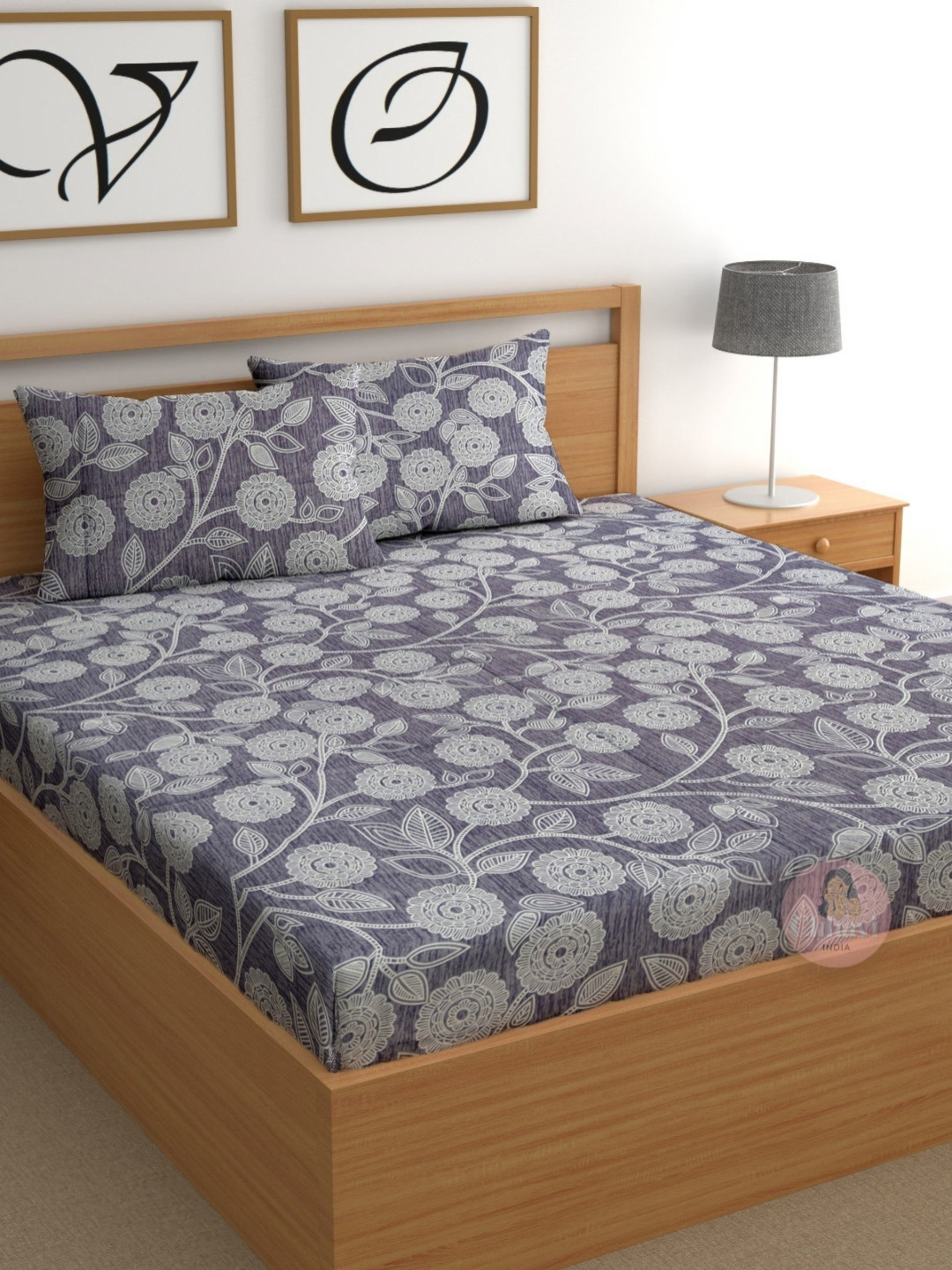 CHHAVI INDIA Grey Floral 210 TC King Bedsheet Set 0.275 m x 0.275 m
