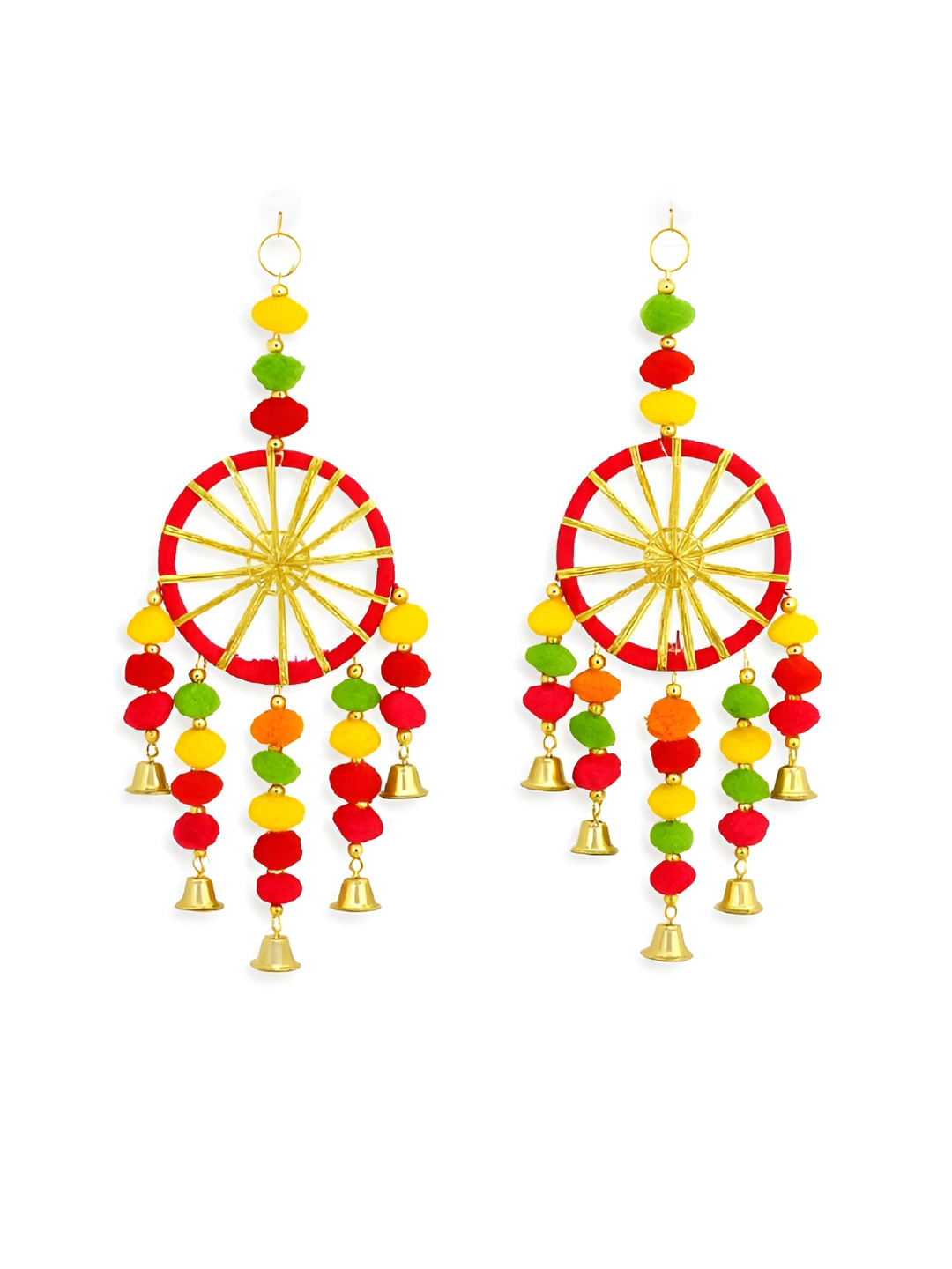 PUFFSMART 2Pcs Red & Yellow Pom-Pom Hanging Toran With Bells
