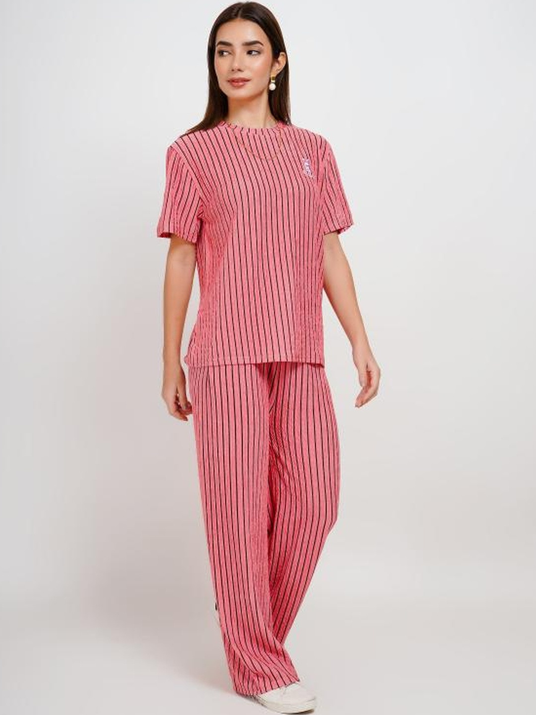 Stem Rope Women Striped T-Shirt And Trousers Co-Ord Set