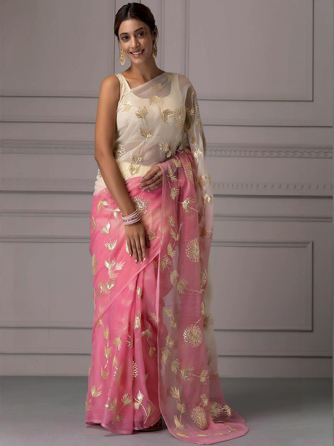 Pink & Cream Floral Gota Patti Work Organza Silk Saree with Unstitched Blouse Piece