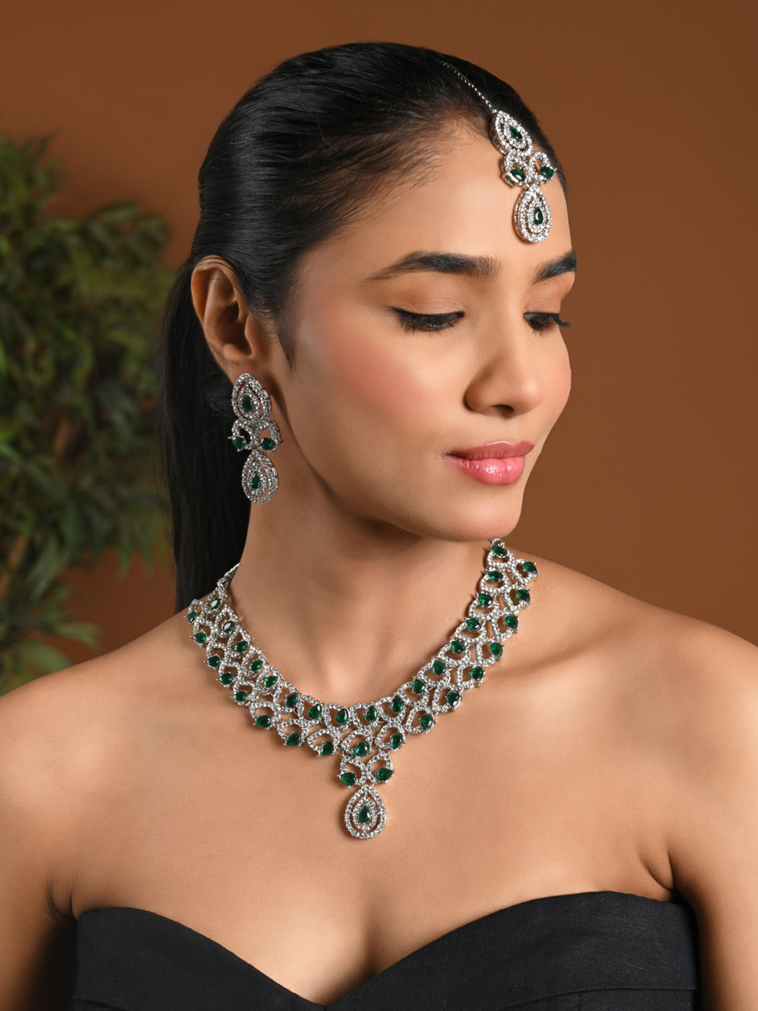 I Jewels Silver Plated Stone Studded Jewellery Set