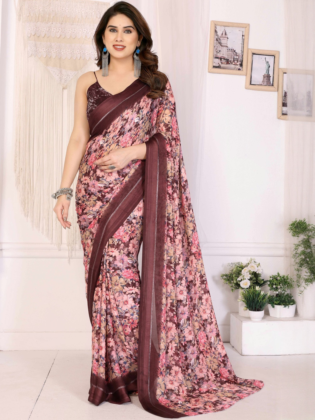 Maroon Floral Print Moss Satin Saree with Unstitched Blouse Piece