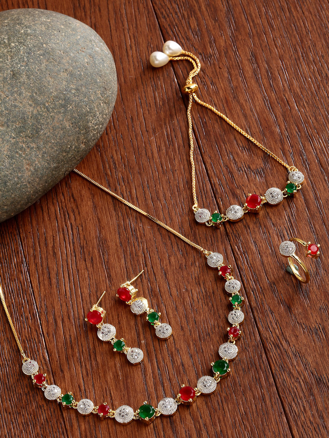 ZENEME Gold-Plated Red & Green American Diamond Studded Jewellery Set