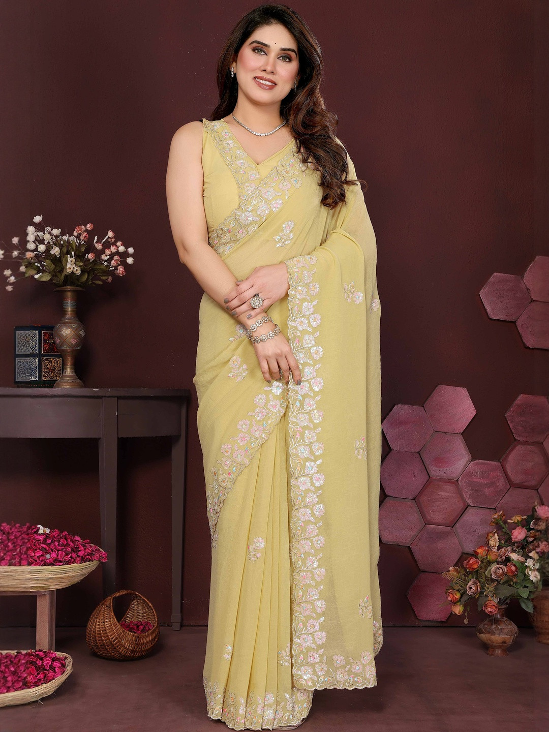 Yellow Floral Sequin Embroidery Georgette Saree with Unstitched Blouse Piece