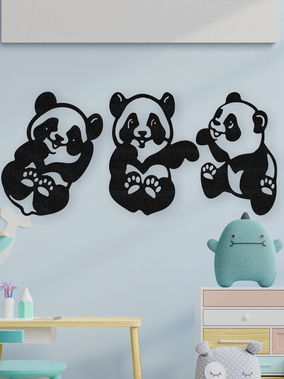 GloShvi Black & White Set Of 3 Laughing Panda Wooden Wall Arts Decor
