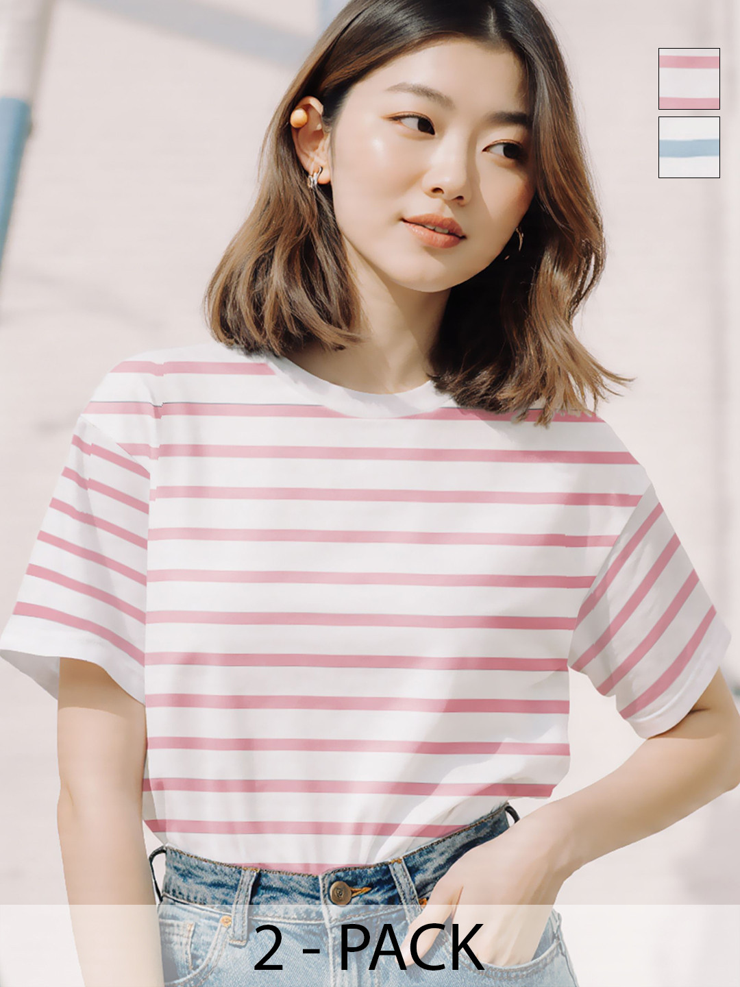 TOGS & TERRE Women Pack of 2 Striped Round Neck Cotton Oversized T-shirts