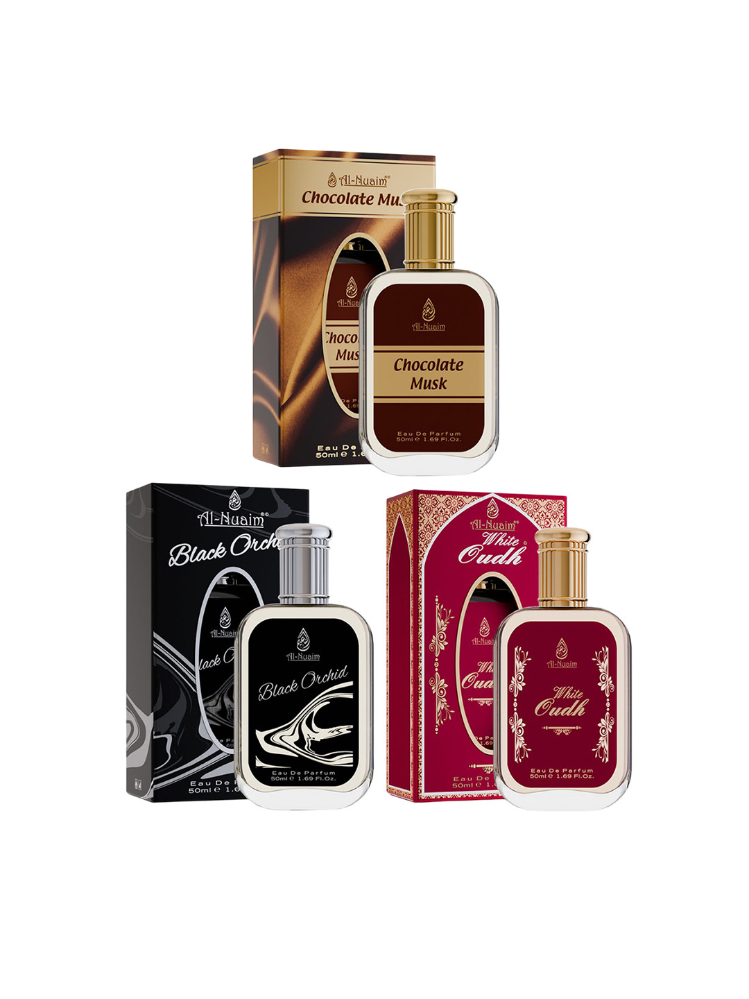 Al-Nuaim Set Of 3 Eau De Parfum 50ml Each - Chocolate Musk, Black Orchid & White Oudh