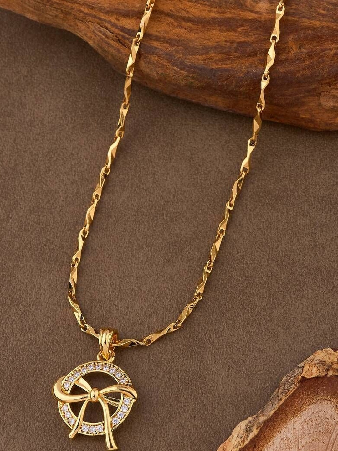 NKR GOLD Women Gold-Plated Brass Elegant Bow Design Pendant Necklace