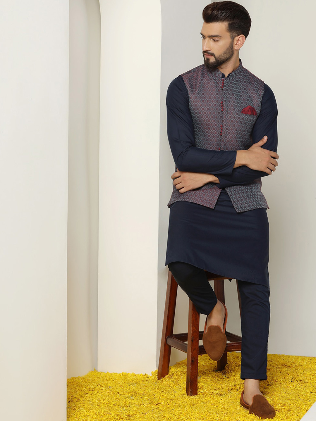 KISAH Men Textured Regular Fit Gundi Buttons Kurta Jacket Trouser Set