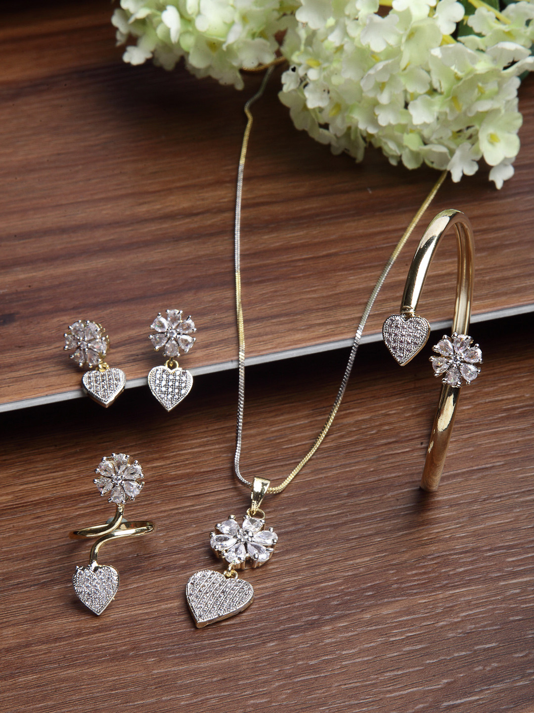 ZENEME Gold-Plated Flower Shaped Heart Drop American Diamond-Studded Jewellery Set