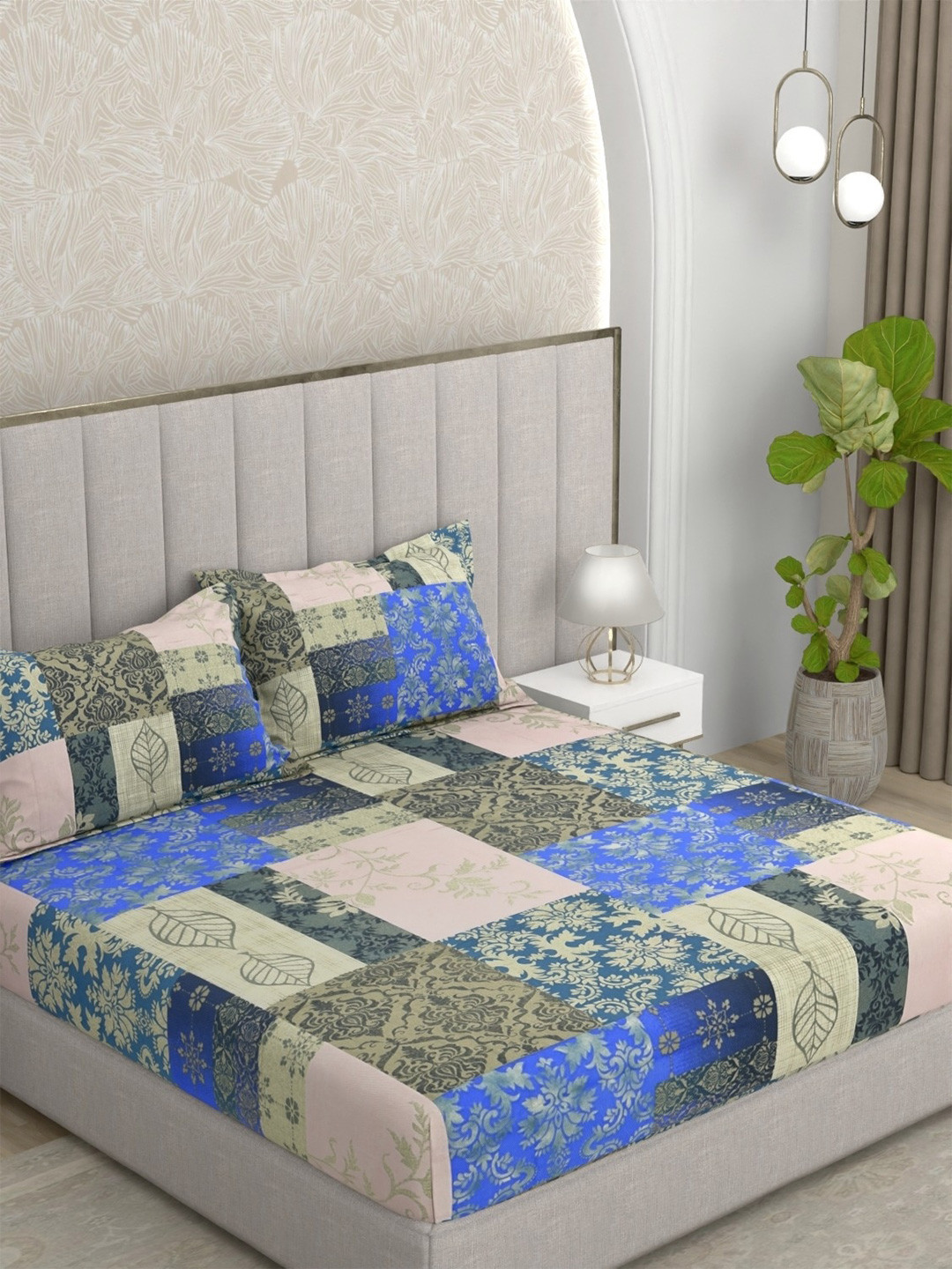 Pure Decor Velar Fur Sib Beige Floral Pure Cotton 300 TC King Fine Bedsheet with 2 Pillow Covers-108 x 108 inches