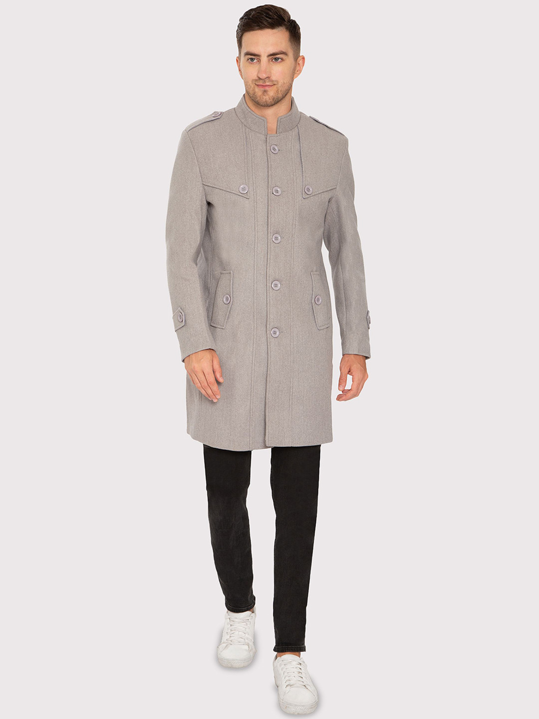 HAUTEMODA Men Notched Collar Wool Single-Breasted Long Overcoat