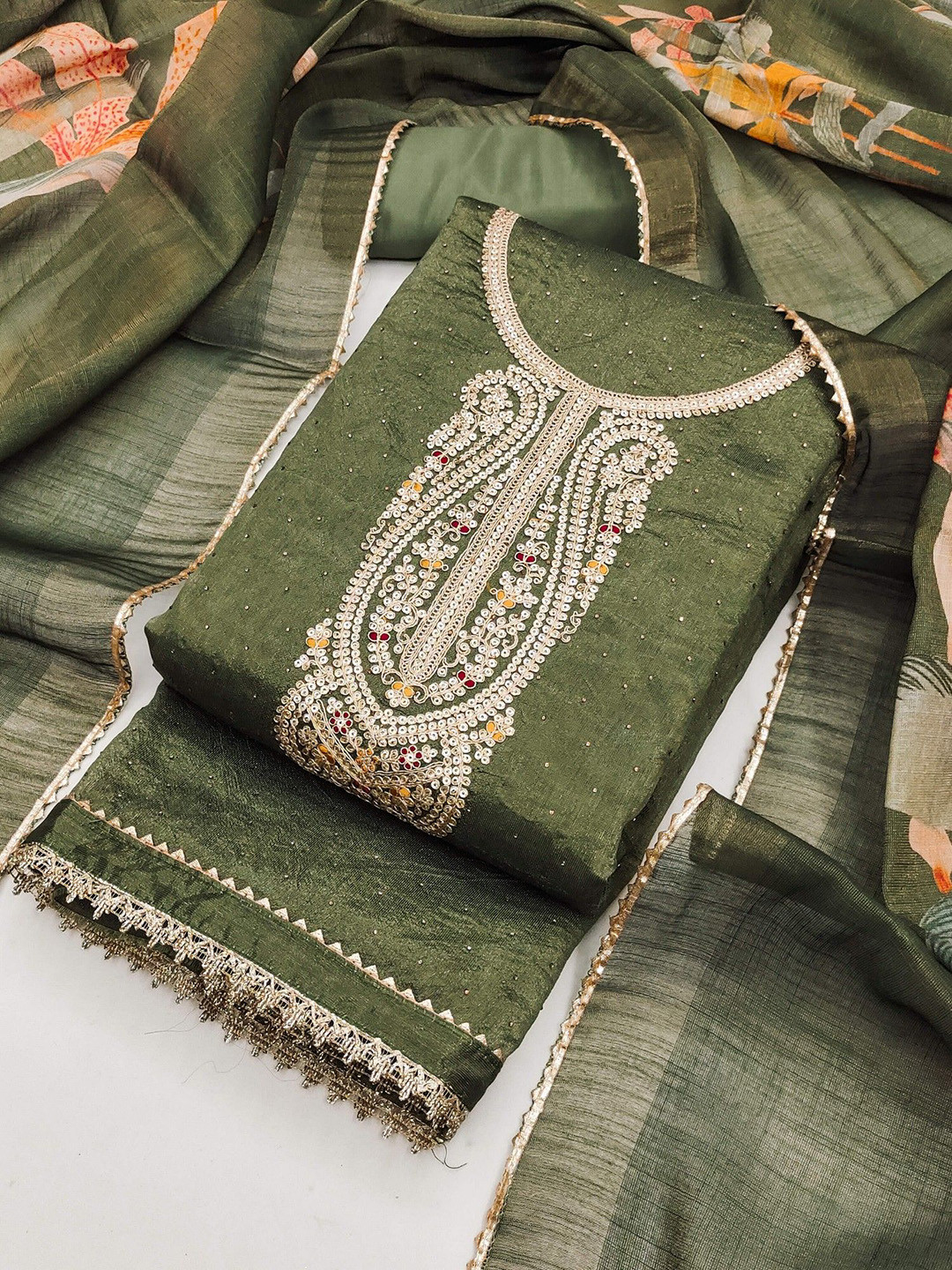 TAVAS Paisley Embroidered Sequinned Unstitched Dress Material