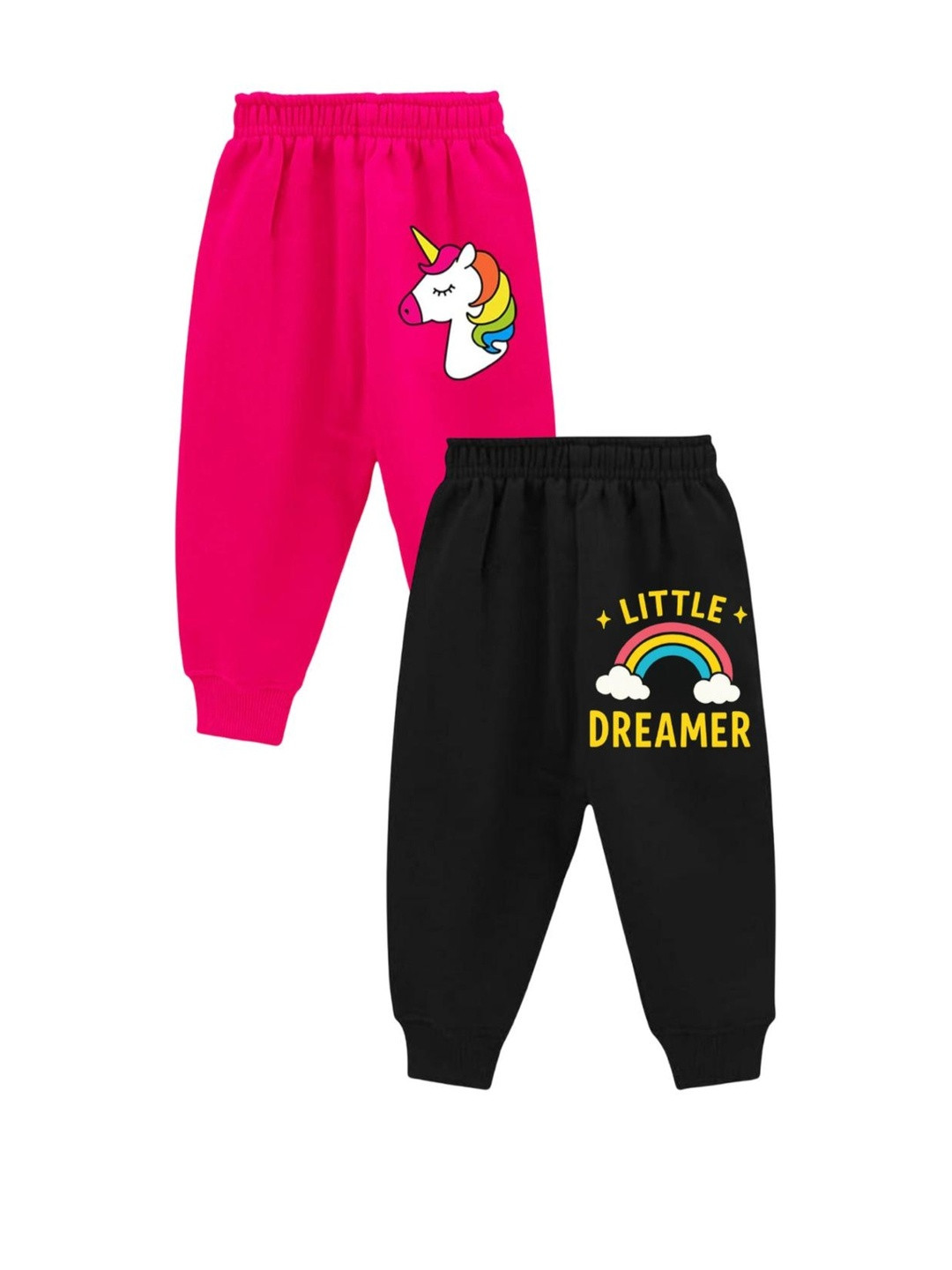 kiddify Unisex Kids Pack Of 2 Black & Pink Unicorn & Rainbow Printed Track Pants