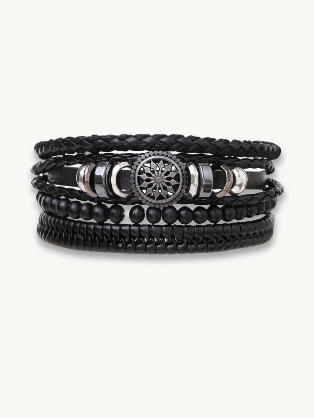 DZOIR Men Leather Multilayer Braided & Beaded Bracelet