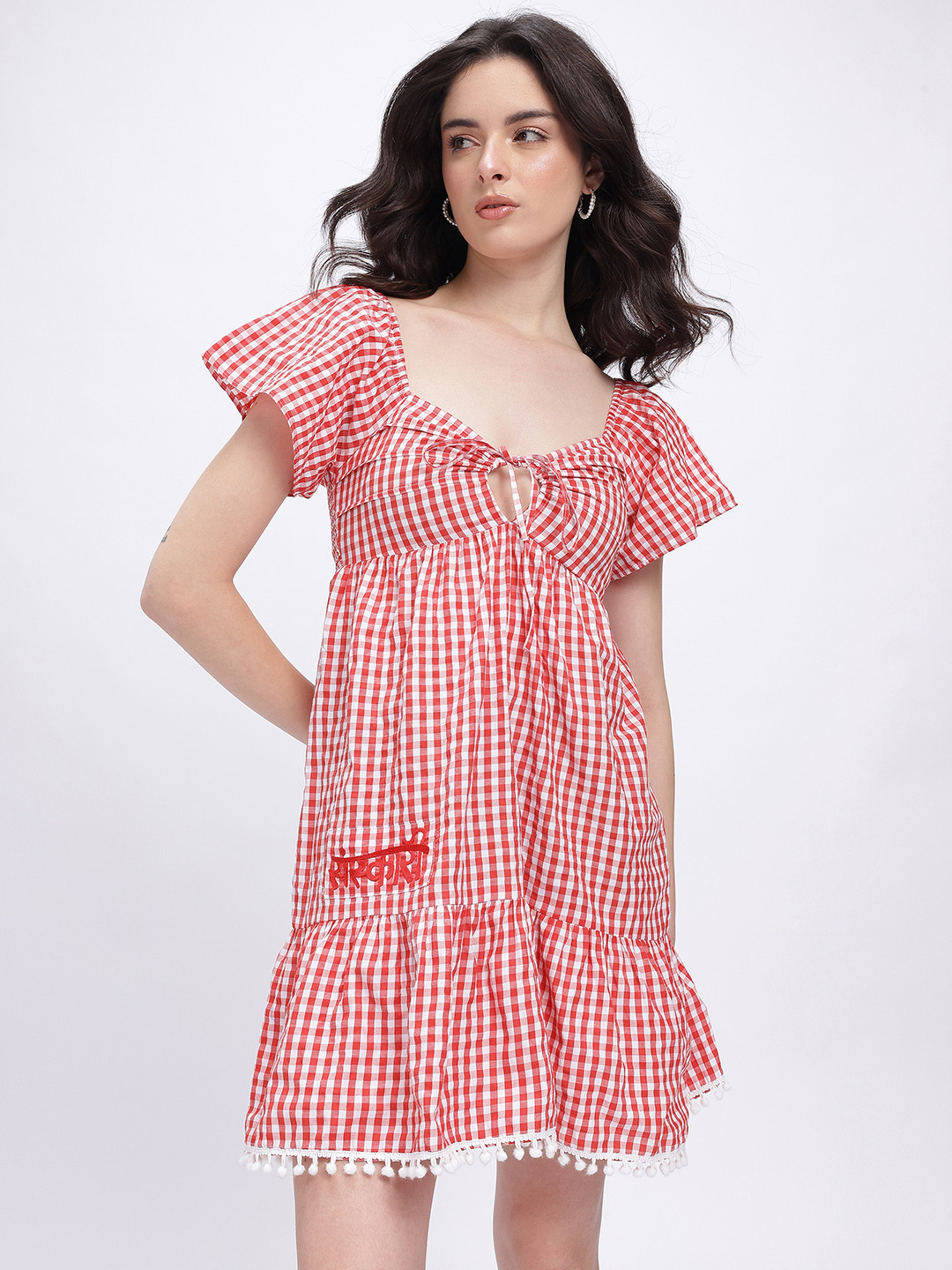 fusion by glitchez Checked Lace Insert & Smocked Detail Fit & Flare Dress with Embroidery