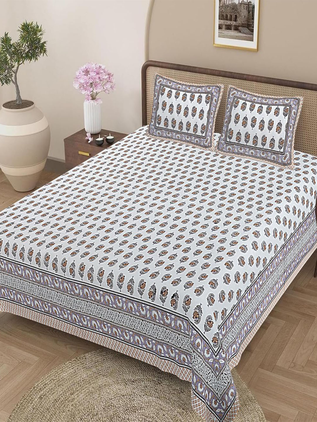 Jaipur Weaves Polaris White Ethnic Motifs Cotton Skin-Friendly 180 TC King Fine Bedsheet with 2 Pillow Covers-108 x 108 inches