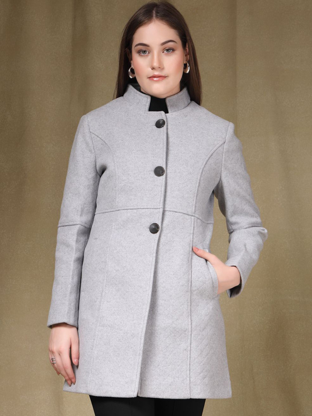 Thirty Threads Mock Collared Single-Breasted Long Overcoat