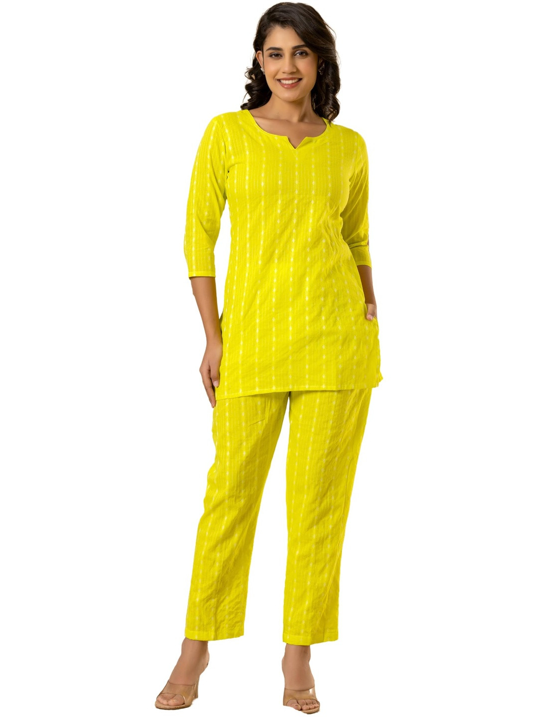 PUSHPRAJ FASHION Women's Striped Cotton Kurta and Pant Set | Elegant 3/4th Sleeve Kurta with Straight Fit Pants | Comfortable Ethnic Suit Set for Women (in, Alpha, L, Lemon Yellow)