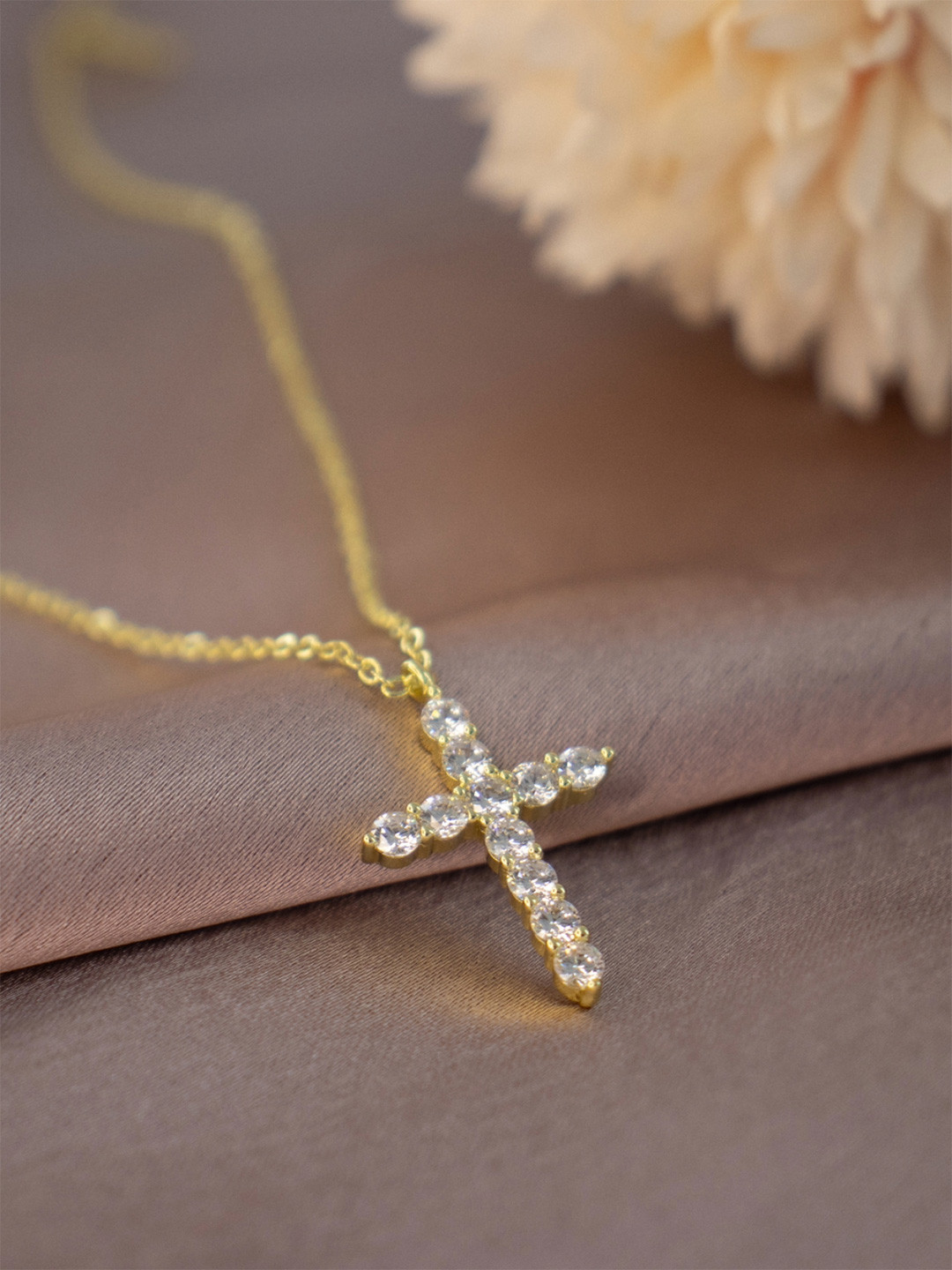 AQUASTREET 14K Gold-Plated Antitarnish Zircon Stones Cross Pendant Necklace