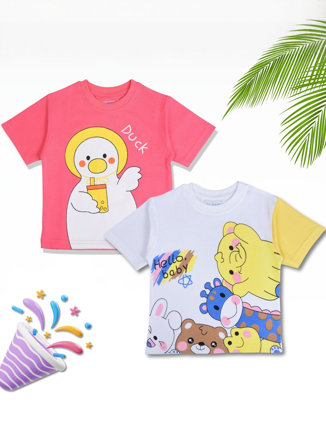 WORTON FASHION Kids Pink & White Pack of 2 Printed Typography & Graphic Print T-shirts