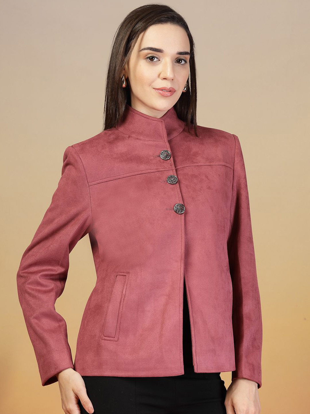 Thirty Threads Women Mock Collared Single-Breasted Short Overcoat