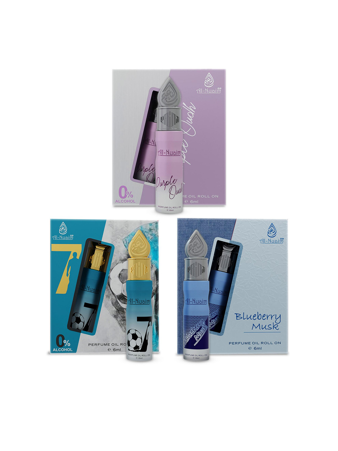 Al-Nuaim Set Of 3 Alcohol Free Roll On Attar 6ml Each - Blueberry Musk, 07 & Purple Oudh