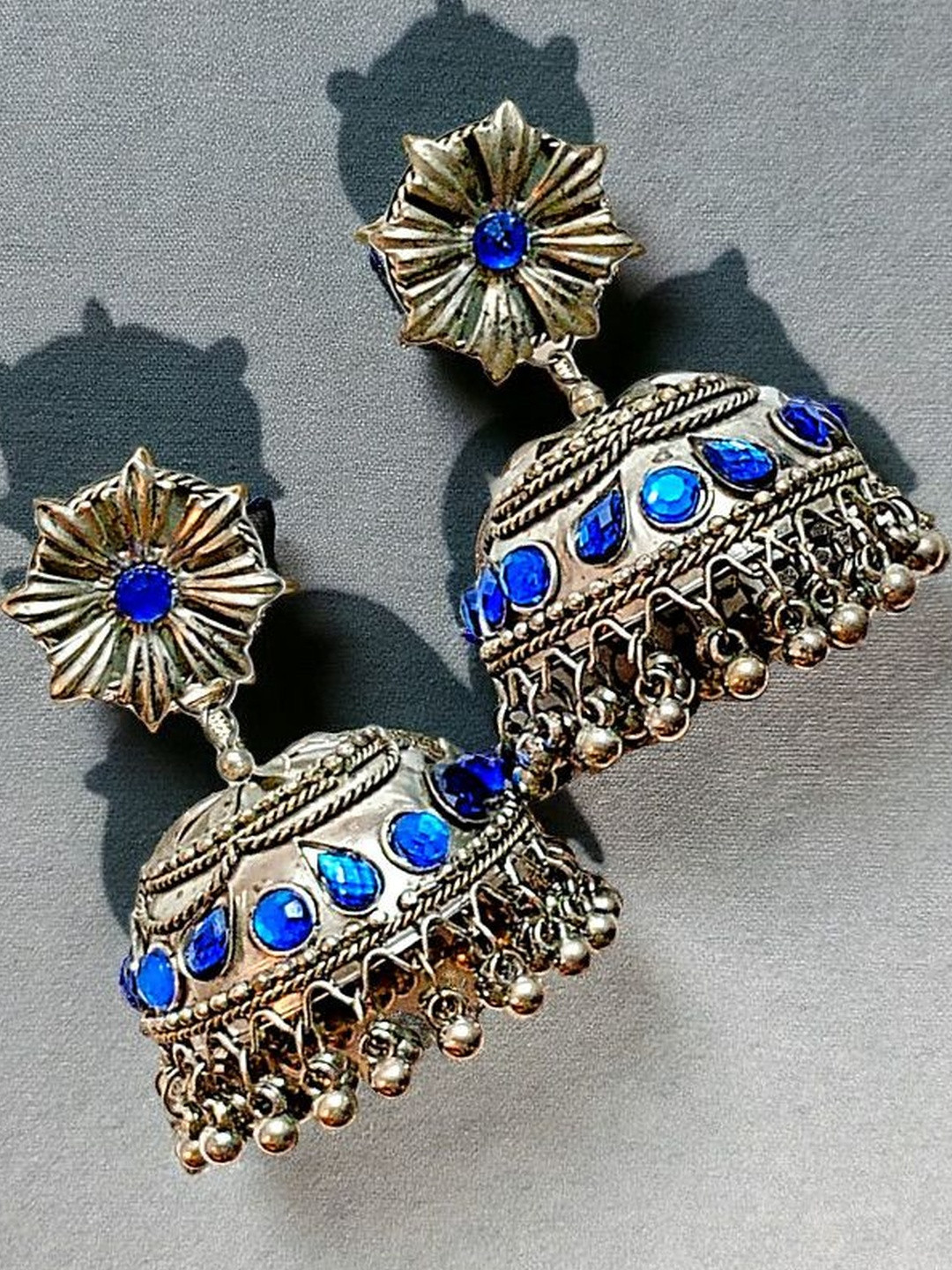 BlingNation Silver-Toned Blue Zircon Stonework Jhumka