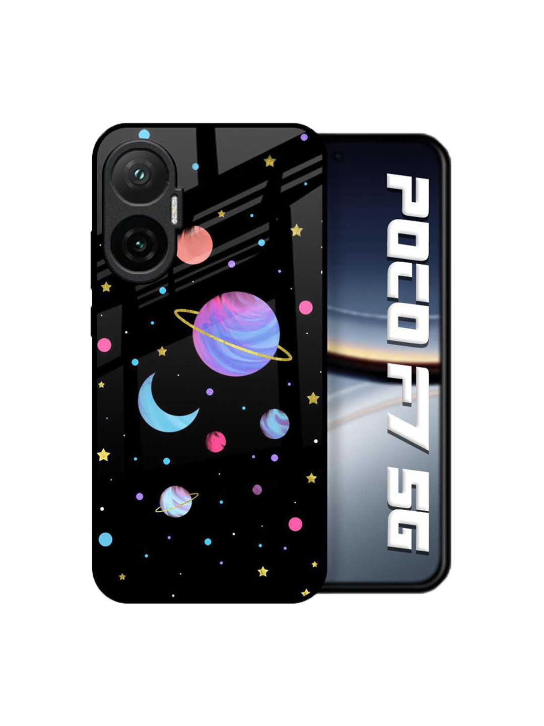 QRIOH Unisex Poco F7 5G Quirky Planet Play Shockproof Glass Back Case
