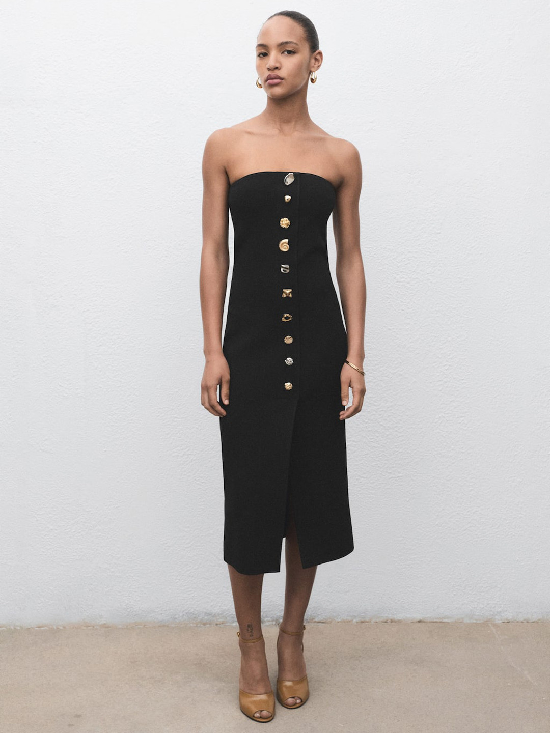 MANGO Pure Linen Jewelled Buttons Ribbed Strapless Bandeau Dress