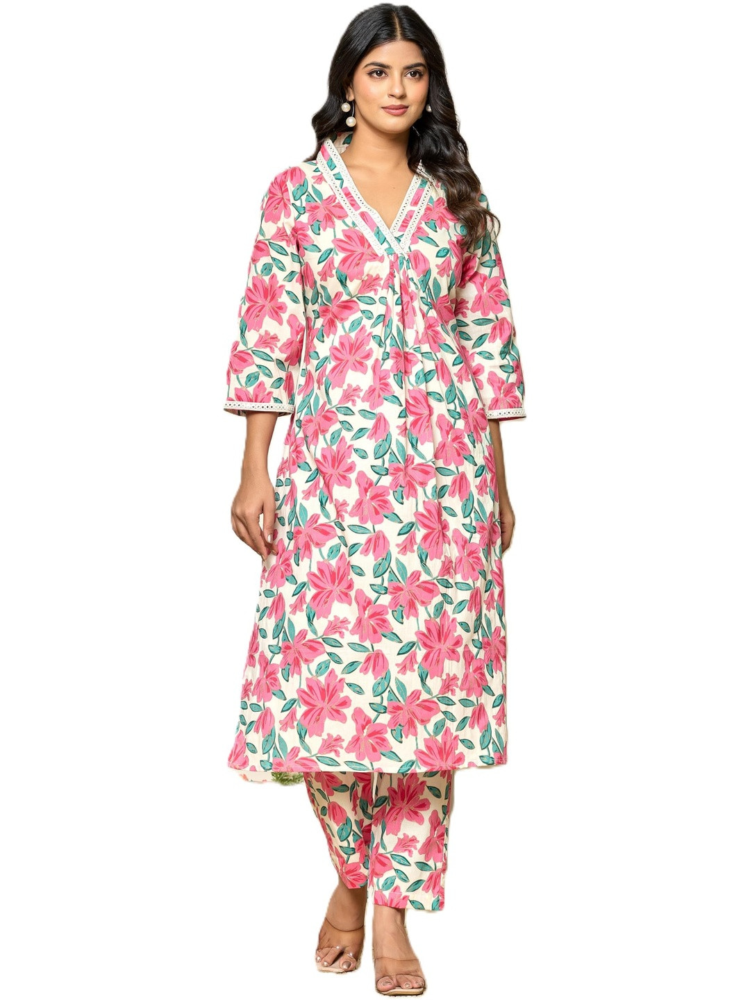 PUSHPRAJ FASHION Women's Floral Print Cotton Kurta Set With Pant || 3/4 Sleeve V-Neck Kurti For Ladies (IN, Alpha, M, Regular, Pink)