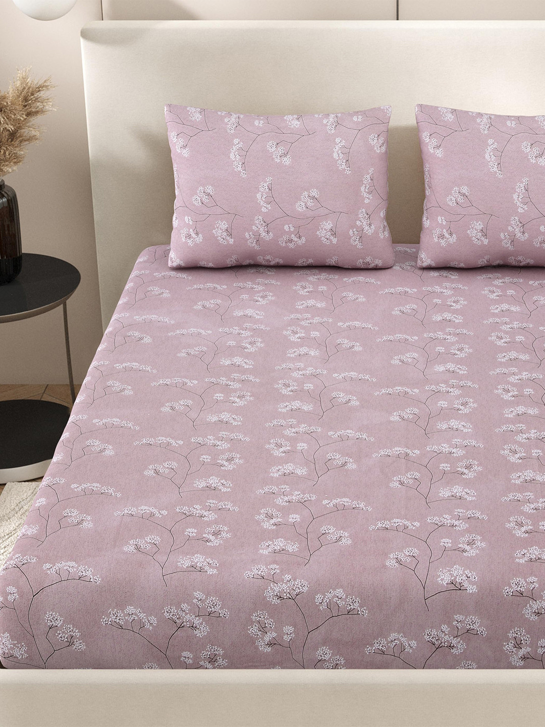 Jaipur Weaves Tree Queen Pink Floral Cotton 180 TC Queen Fine Bedsheet with 2 Pillow Covers-90 x 100 inches