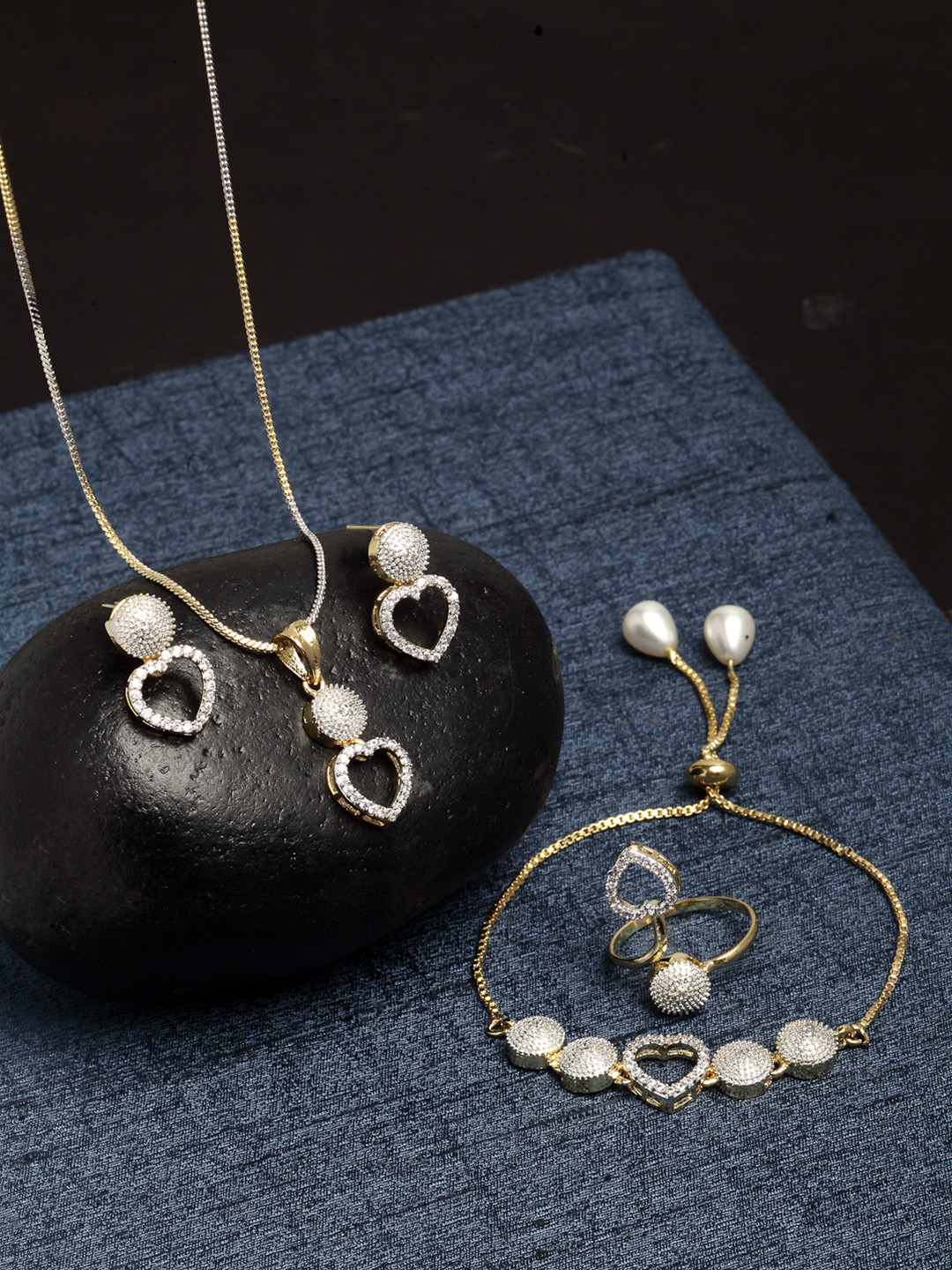 ZENEME Gold-Plated Heart Shaped American Diamond Studded Jewelry Set