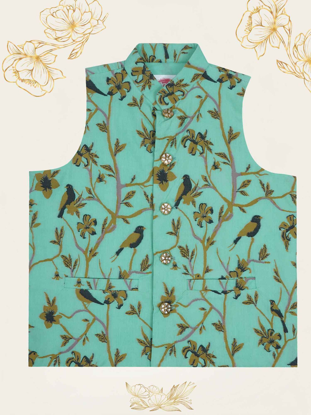 Little Bansi Boys Humming Bird & Floral Thread Work Pure Cotton Nehru Jacket