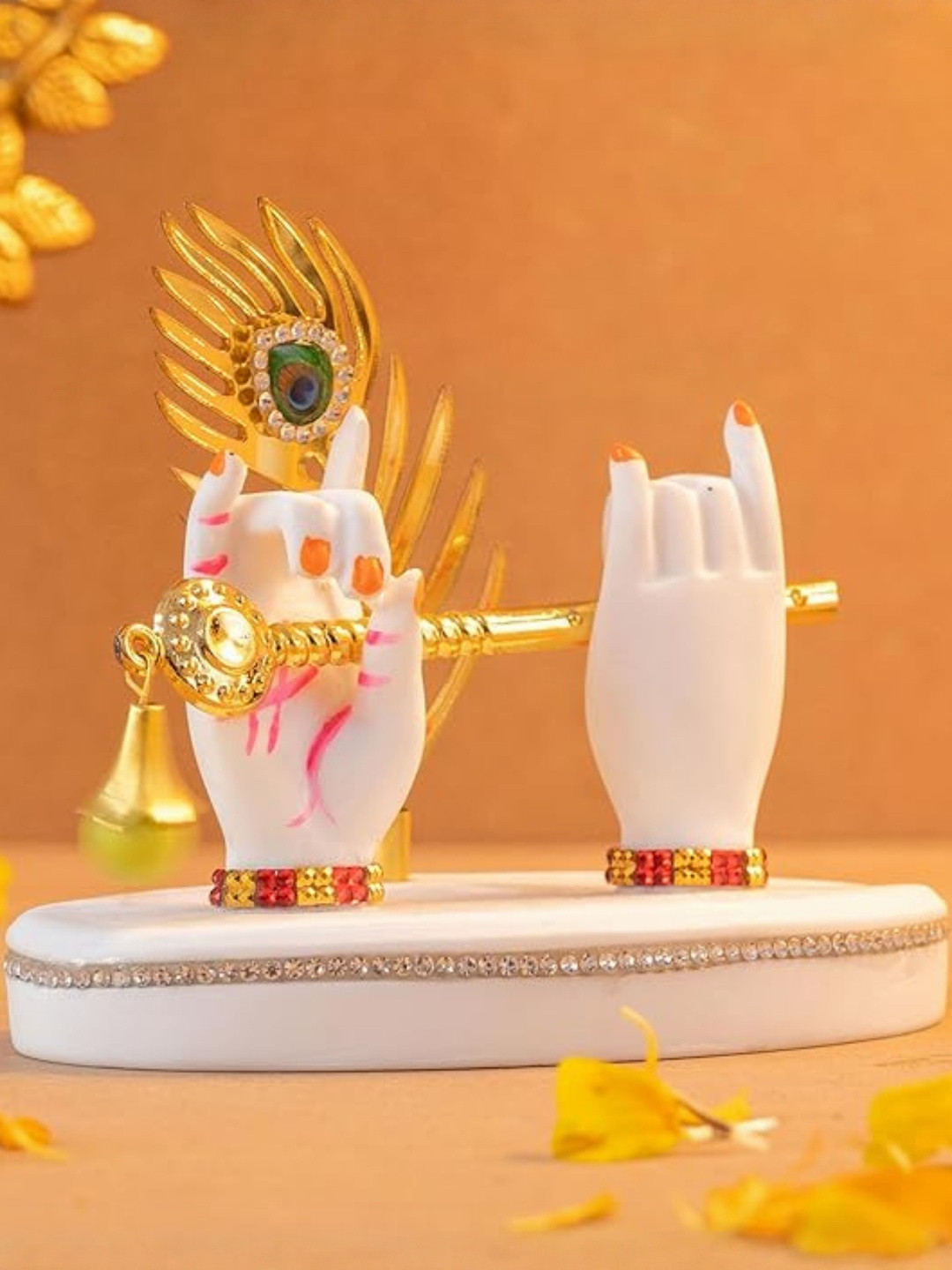 Tiny Shiny Krishna Hand & Flute Peacock Feather Idol Showpiece