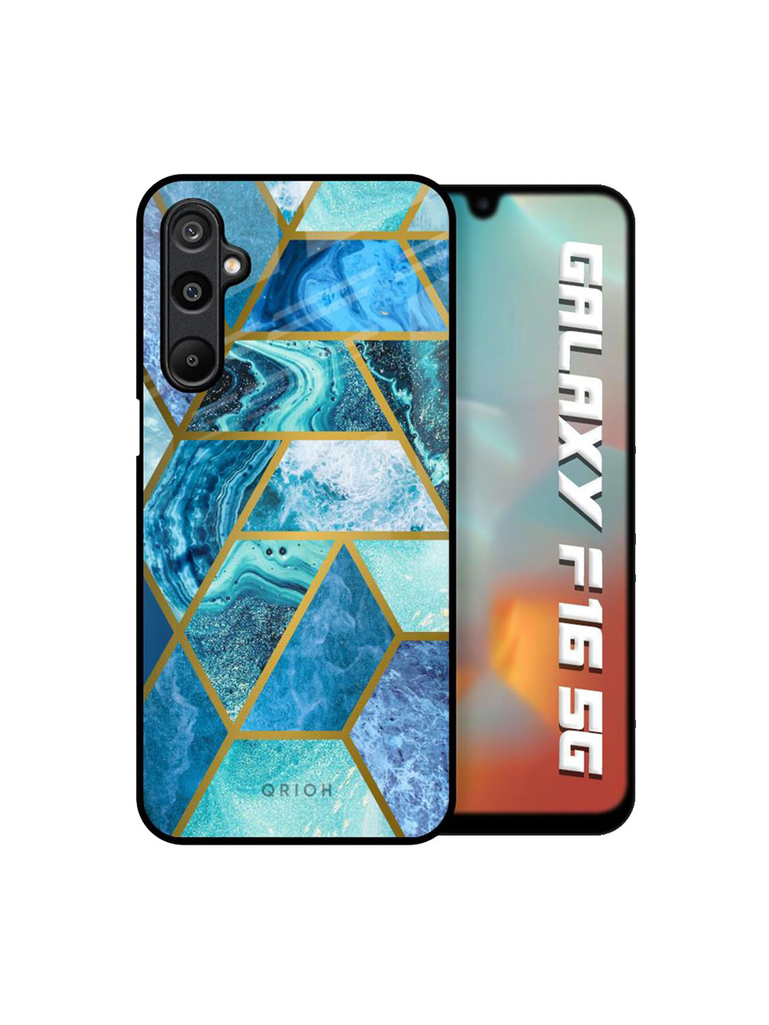QRIOH Unisex Samsung Galaxy F16 5G Turquoise Geometrical Marble Shockproof Glass Back Case