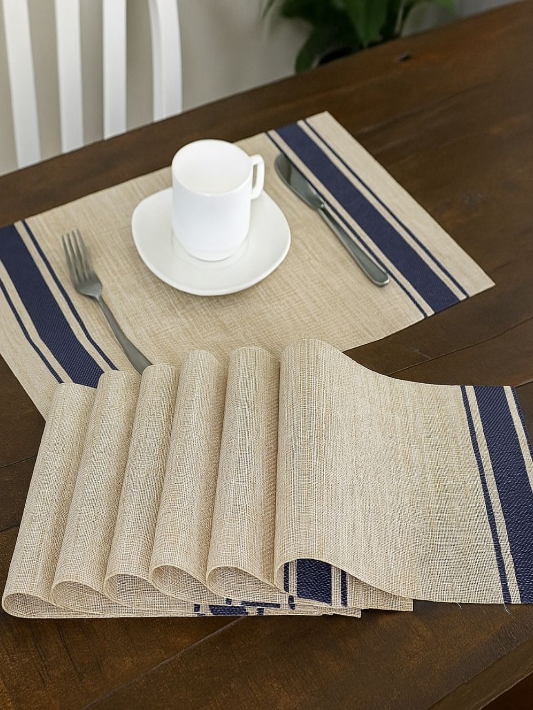 We3 Beige & Blue 6 Pieces Striped Line Design Table Placemats