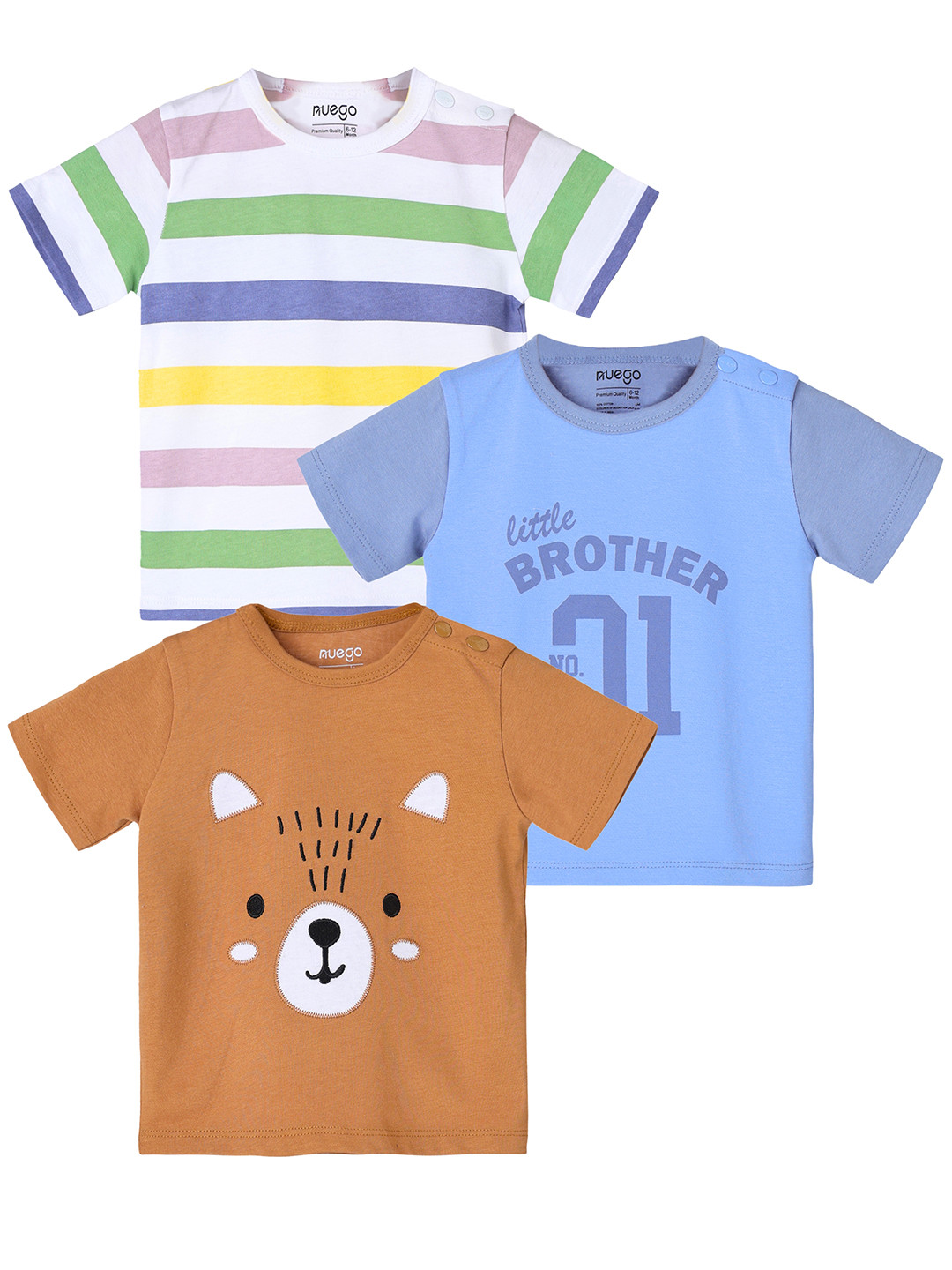 Nuego Infant Boys Pack Of 3 Bio Finish Striped Round Neck Half Sleeve Cotton T-shirts