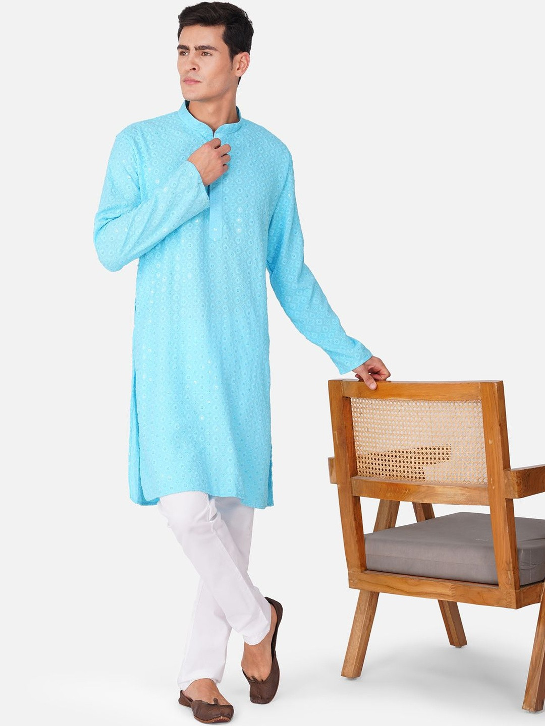 THE LITTLE BOY Men Turquoise Blue Kurta Sets