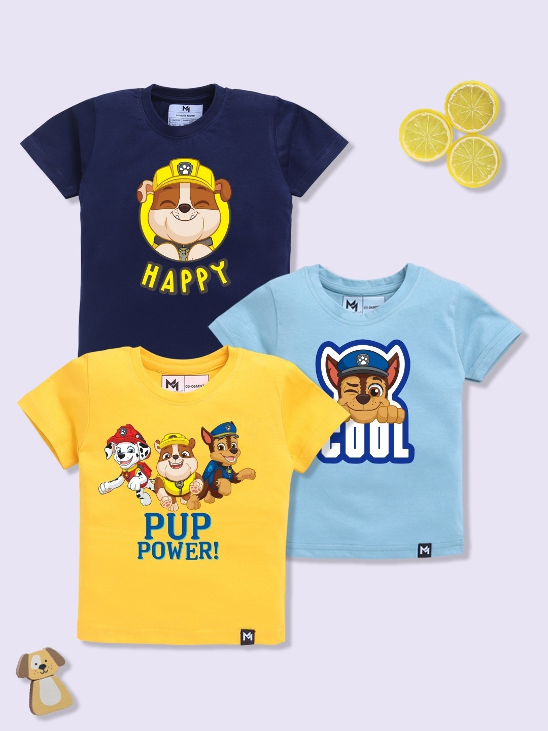 YK X Minute Mirth Boys Pack Of 3 Assorted Paw Patrol Printed Pure Cotton T-shirts