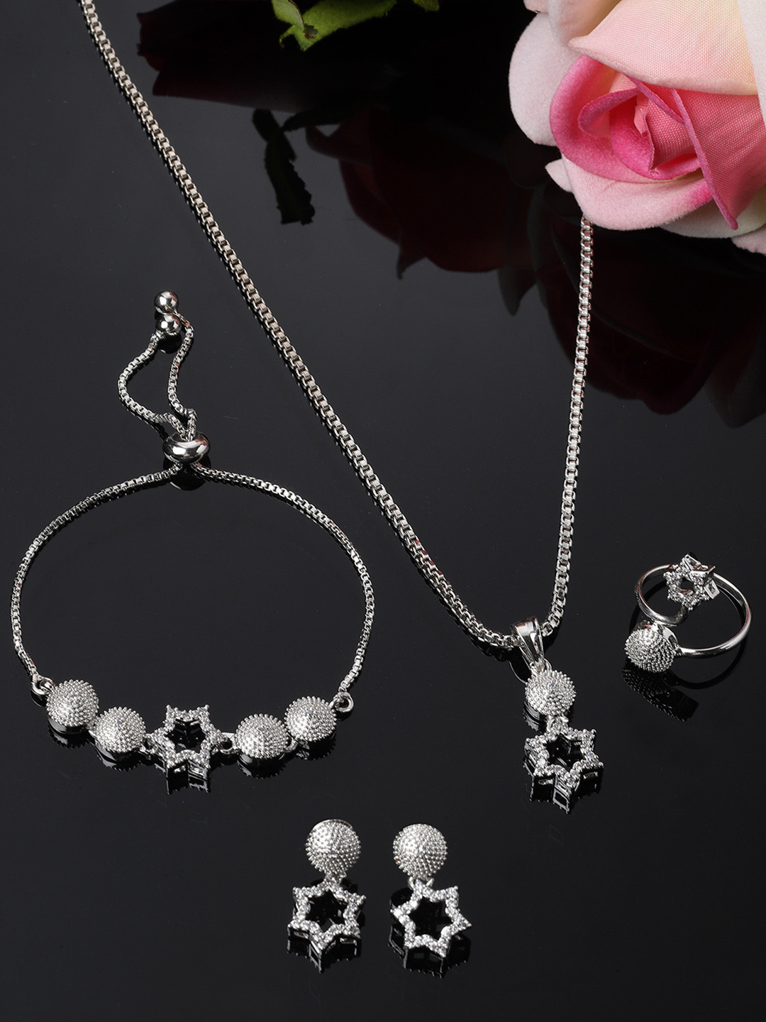 ZENEME Rhodium-Plated silver toned American Diamond-Studded Star shaped Jewellery Set
